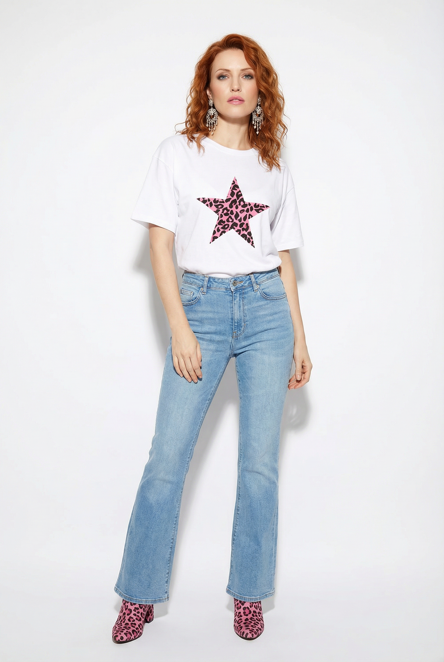 Pink Leopard Print Star Tshirt In White