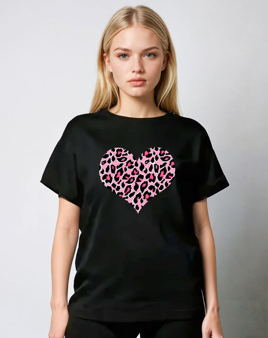 Pink And Rose Leopard Heart Print Tshirt In Black