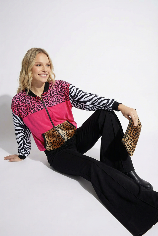 Pink Velour Leopard Bomber Jacket