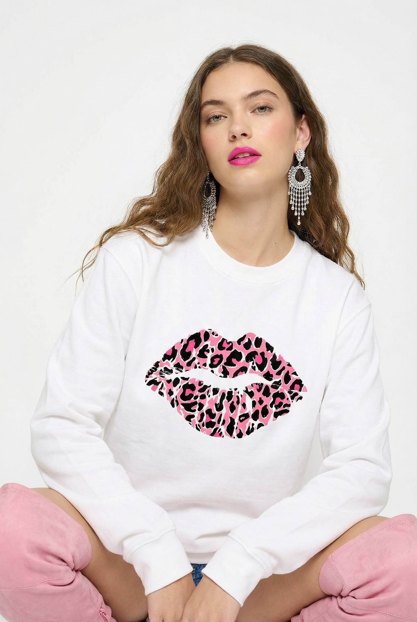Pink and Rose Leopard Lip Motif Jumper In White