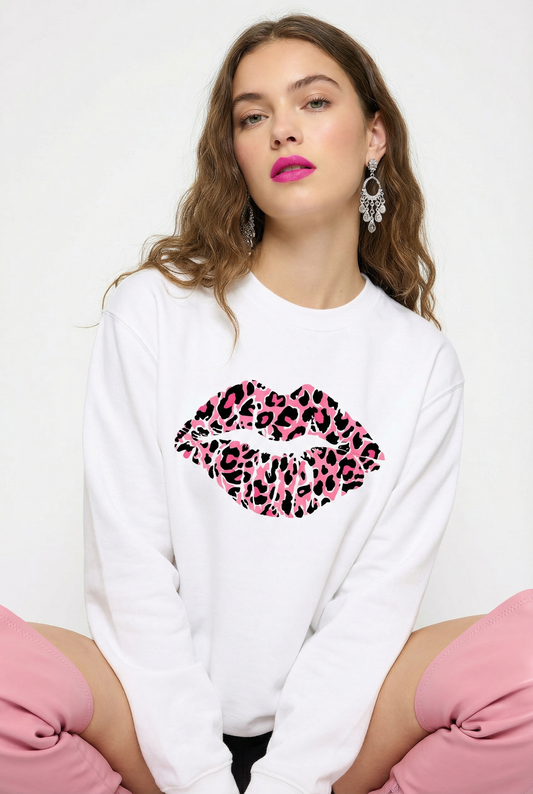 Pink and Rose Leopard Lip Motif Jumper In White