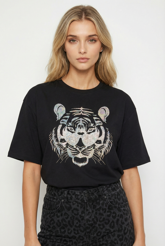 Roaring with Vision Tiger Print Black Tshirt