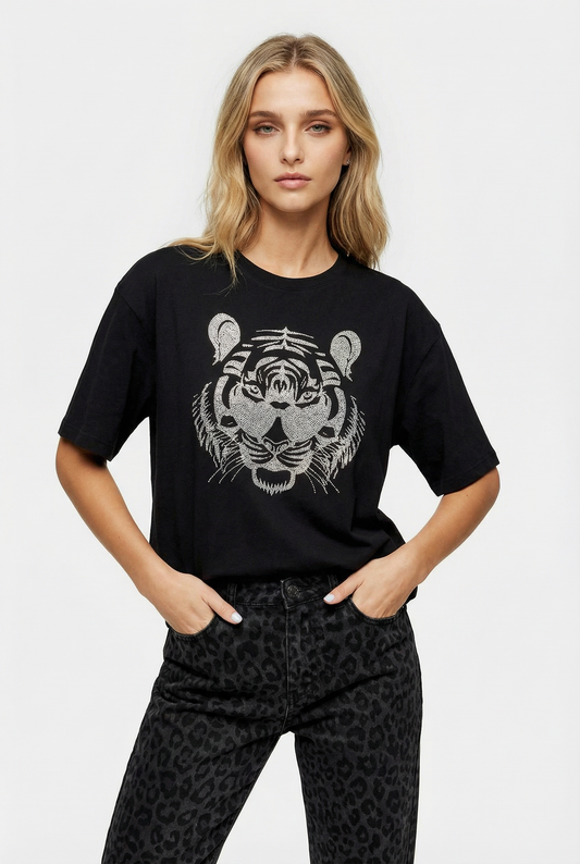 Roaring with Vision Tiger Print Black Tshirt