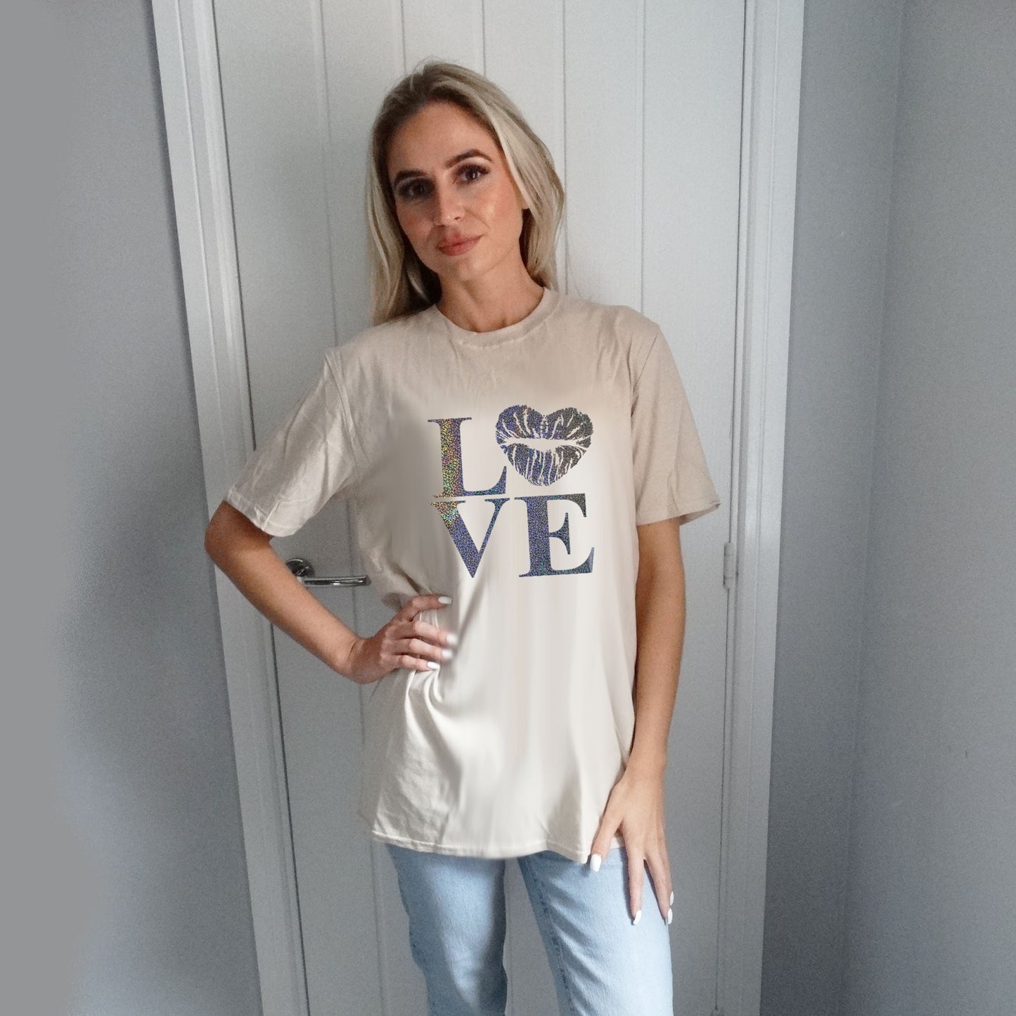 Heart of Love Silver Graphic Text Biege Tshirt