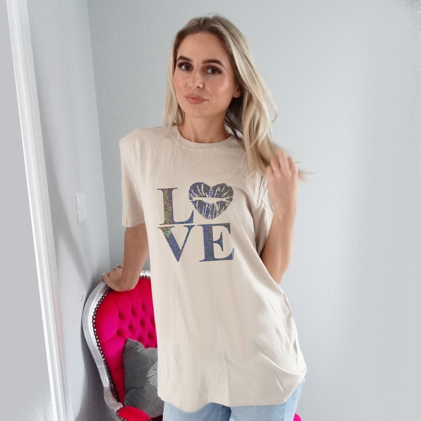 Heart of Love Silver Graphic Text Biege Tshirt