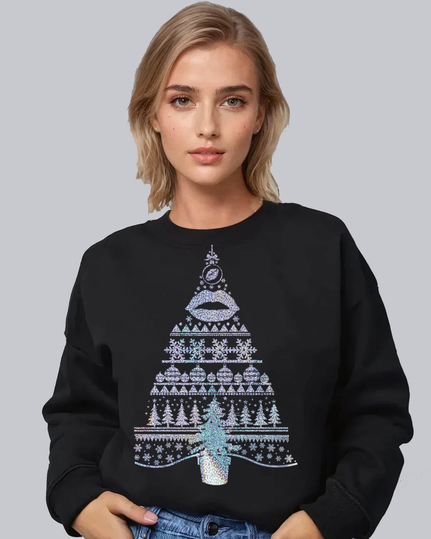 Festive Tree Lips Fair Isle Christmas Jumper In Black