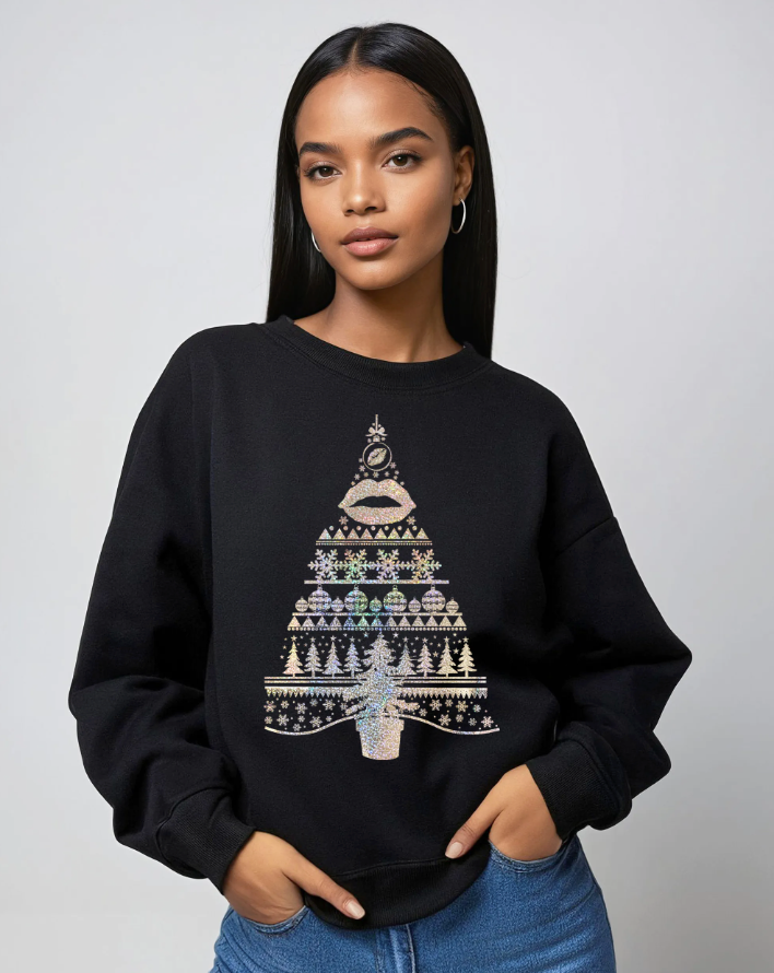 Festive Tree Lips Fair Isle Christmas Jumper In Black