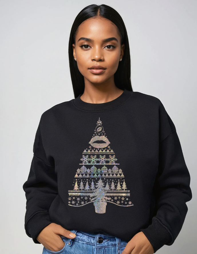 Festive Tree Lips Fair Isle Christmas Jumper In Black