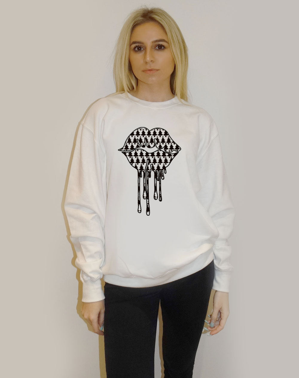 White Jumper With Christmas Tree Black Drip Lip Print