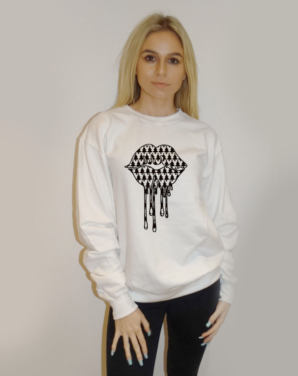 White Jumper With Christmas Tree Black Drip Lip Print