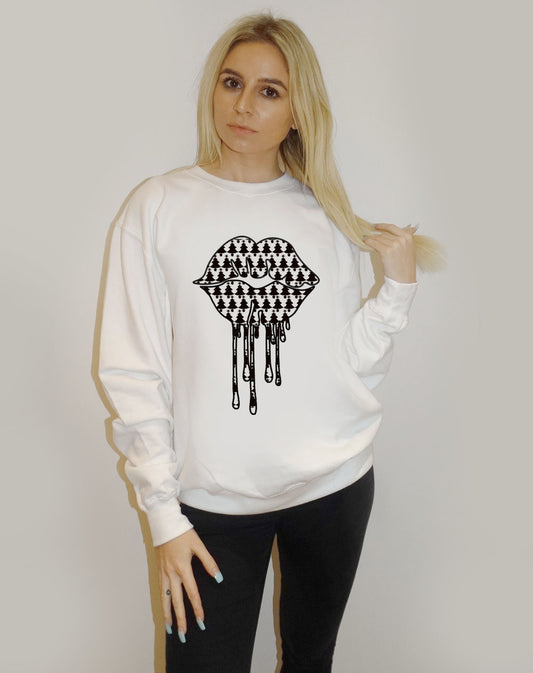 White Jumper With Christmas Tree Black Drip Lip Print