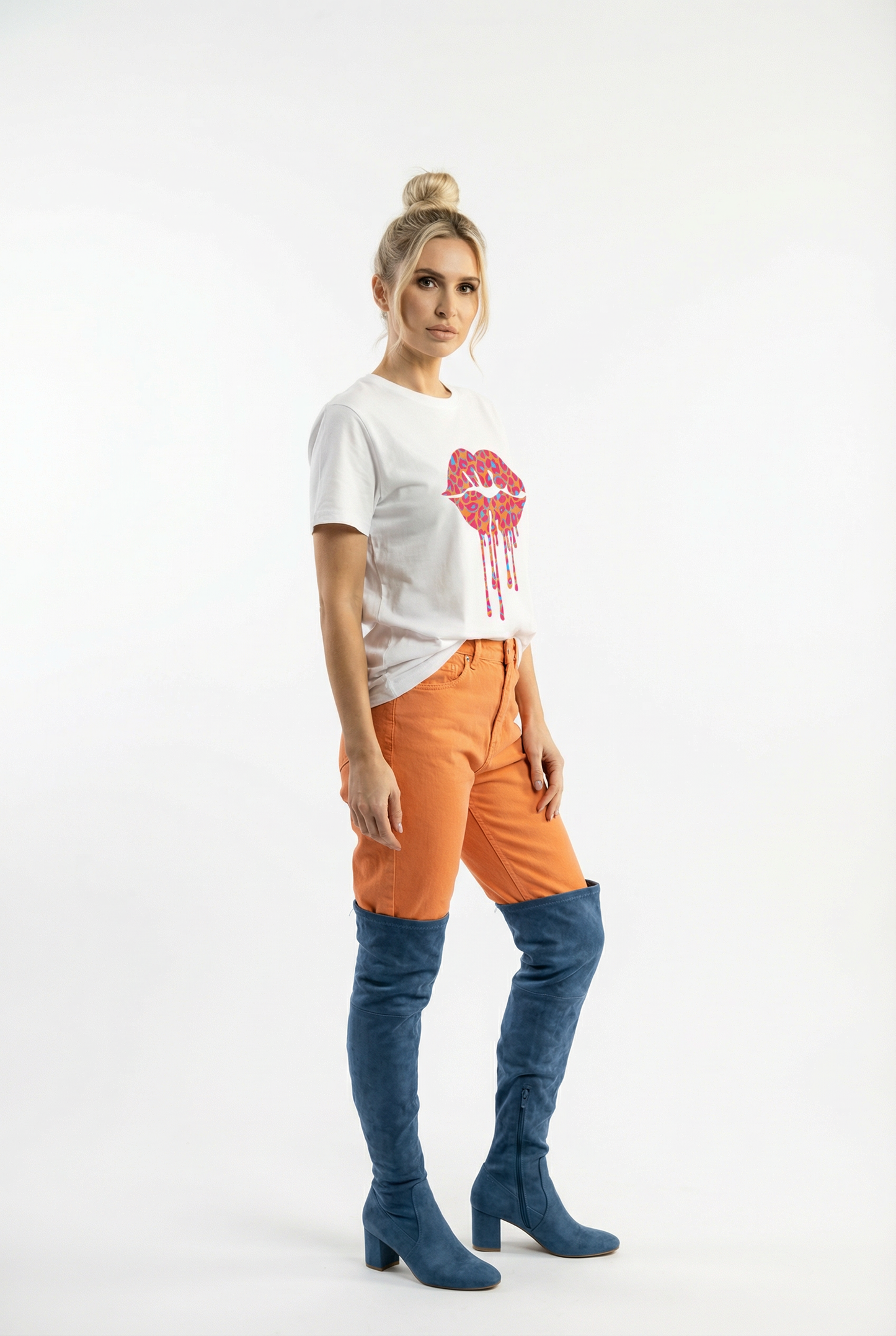 White Oversize Tshirt With Orange Blue And Pink Leopard Craze Lip Drip Motif