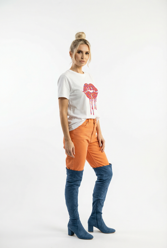 White Oversize Tshirt With Orange Blue And Pink Leopard Craze Lip Drip Motif
