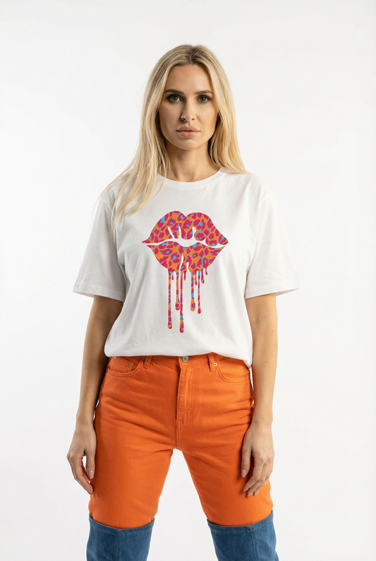 White Oversize Tshirt With Orange Blue And Pink Leopard Craze Lip Drip Motif