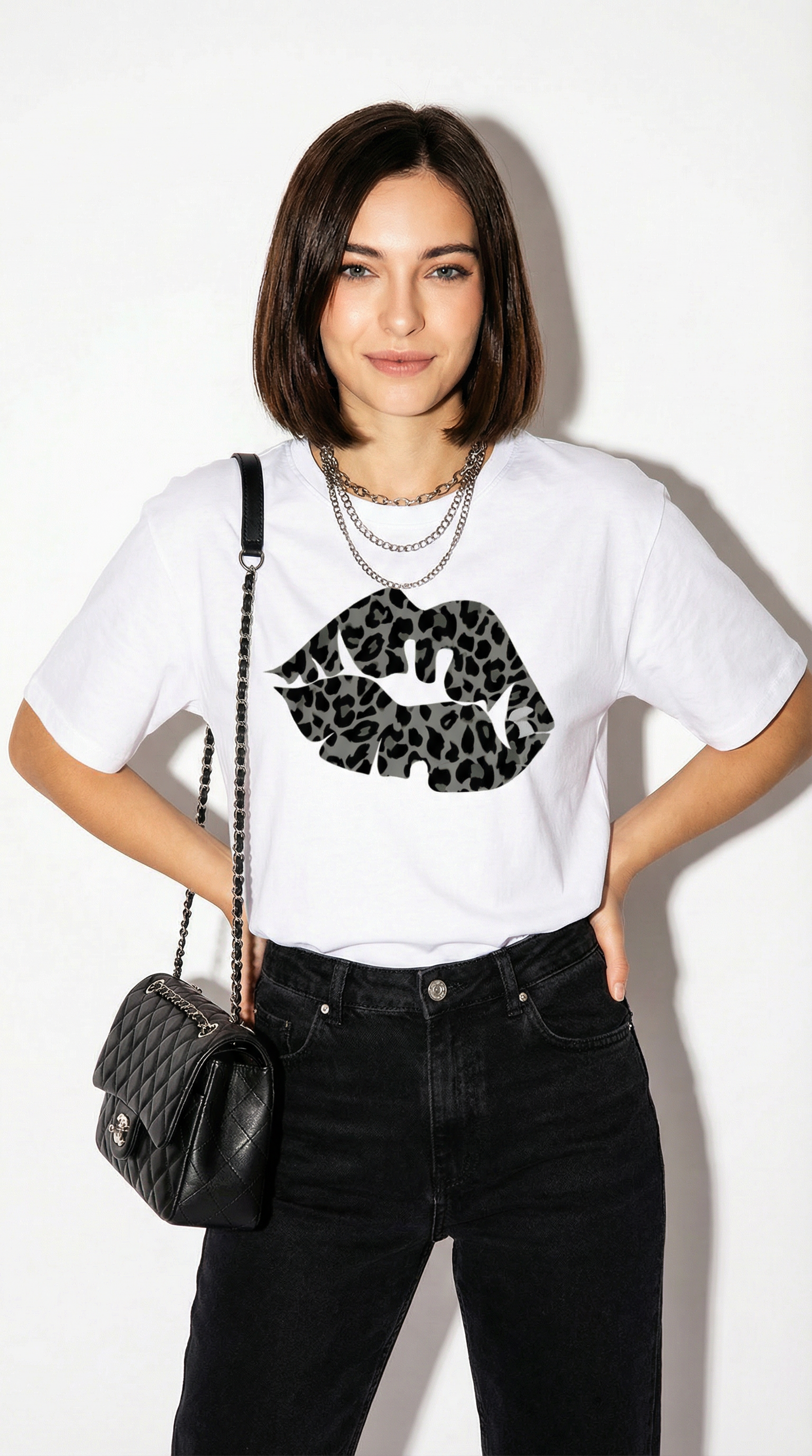 White Oversize T Shirt With Black Leopard Lip Print