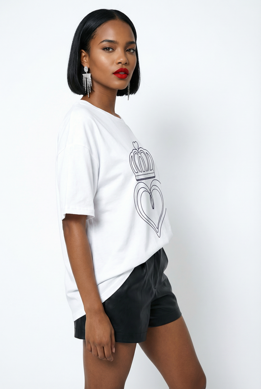 White T Shirt With Black Heart Valentines Print