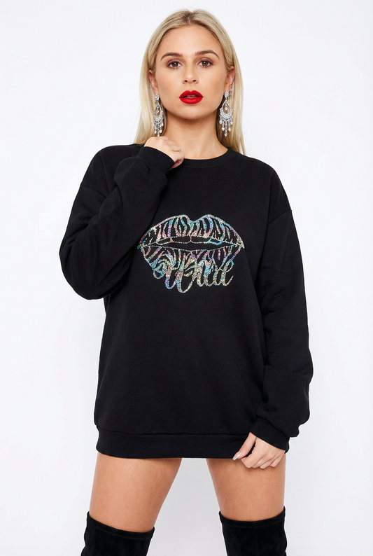 Wild Zebra Silver Glitter Print Lip Jumper In Black