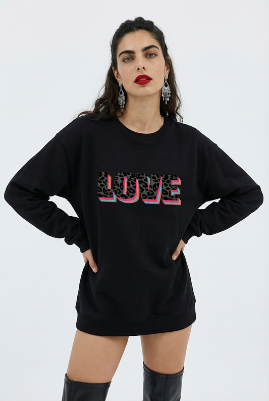 Wildly in Love Black Leopard Graphic Text Sweatshirt in Black