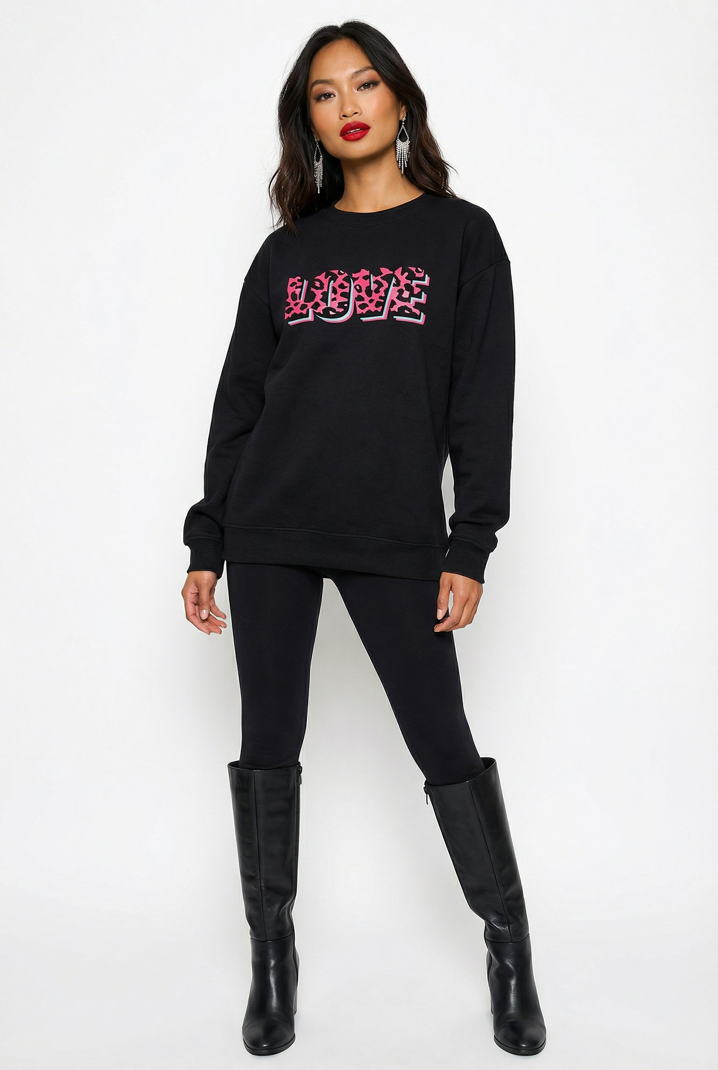 Wildly in Love Pink Leopard Graphic Text Sweatshirt in Black