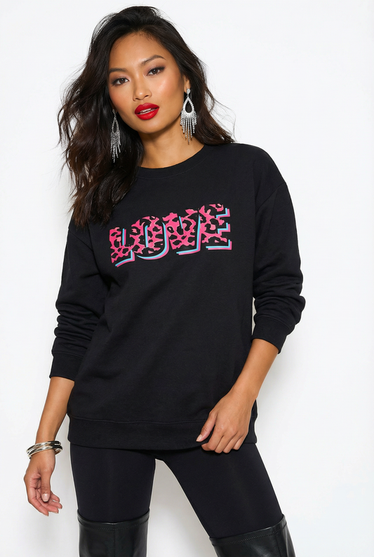 Wildly in Love Pink Leopard Graphic Text Sweatshirt in Black