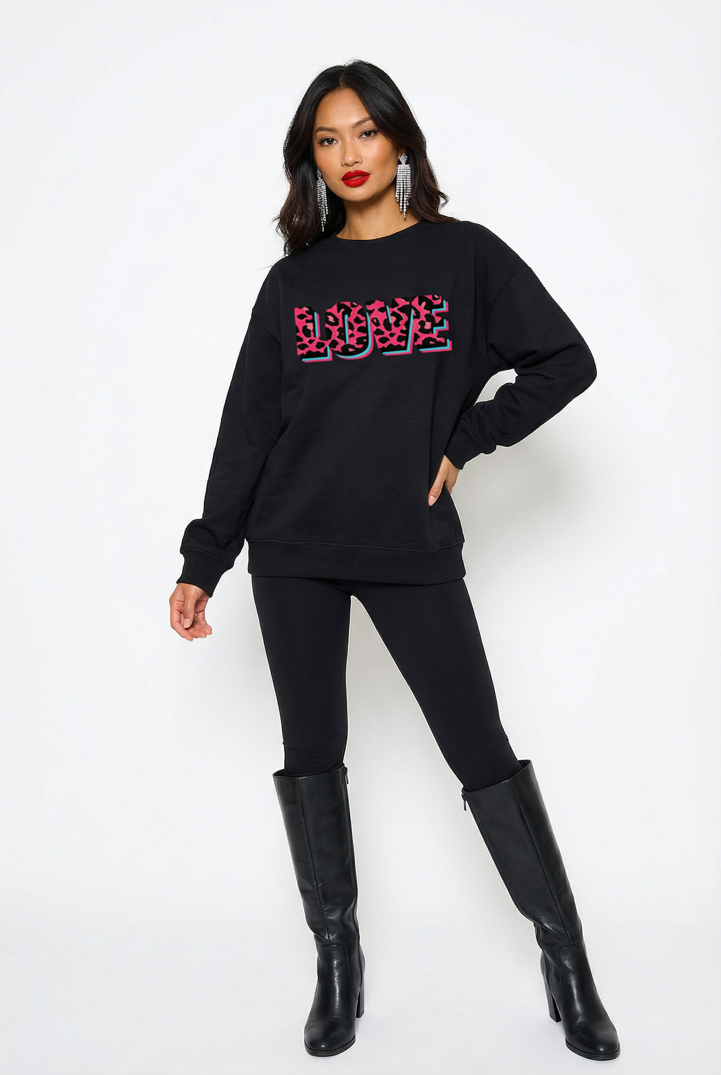 Wildly in Love Pink Leopard Graphic Text Sweatshirt in Black