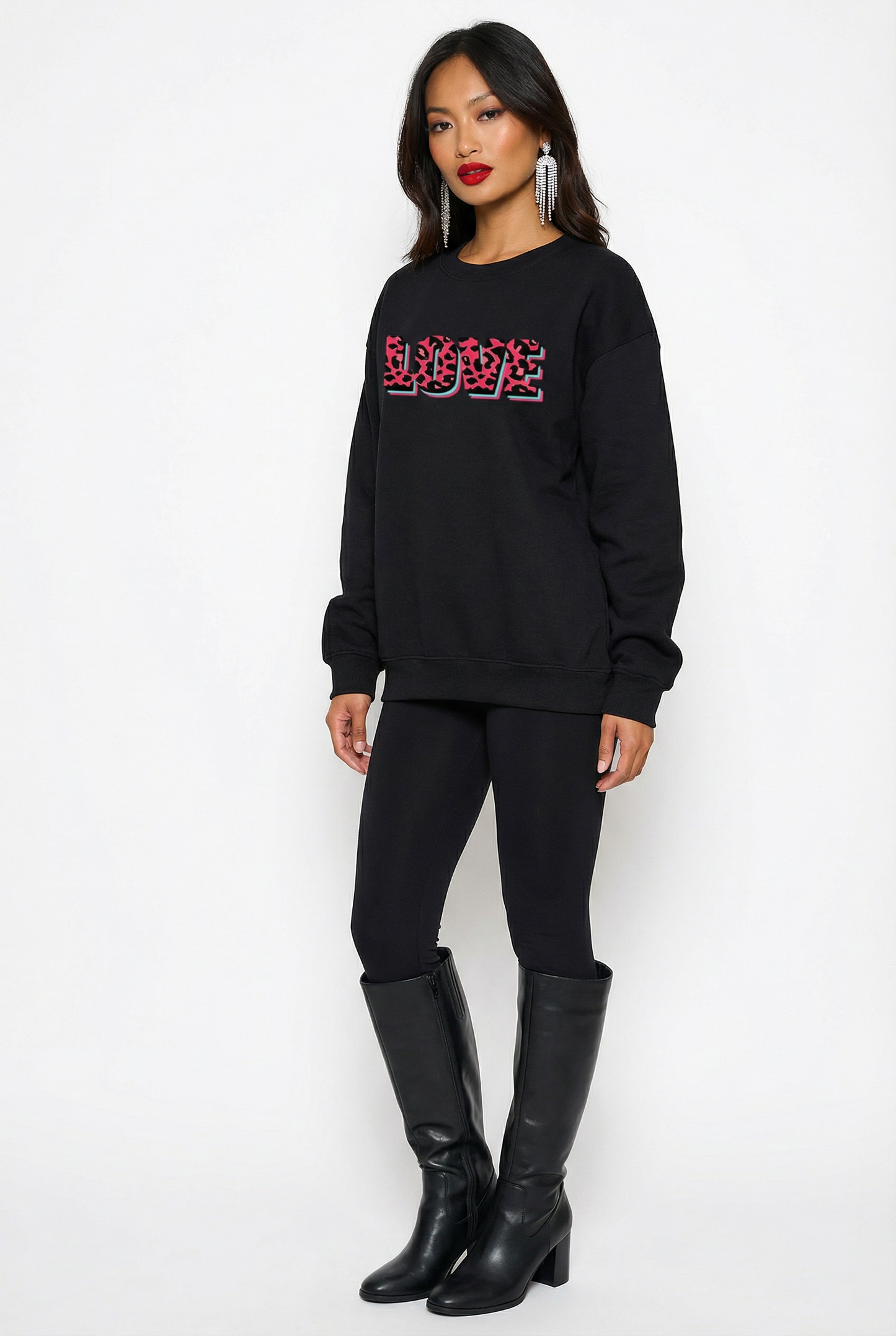 Wildly in Love Pink Leopard Graphic Text Sweatshirt in Black