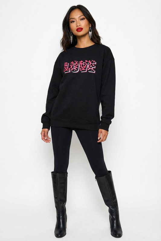 Wildly in Love Pink Leopard Graphic Text Sweatshirt in Black