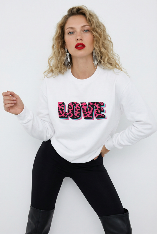Wildly in Love Pink Leopard Graphic Text Sweatshirt in White