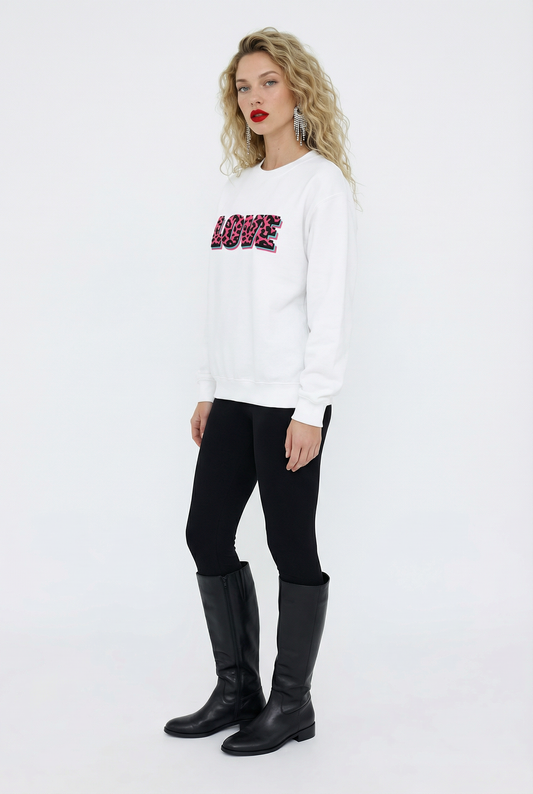 Wildly in Love Pink Leopard Graphic Text Sweatshirt in White