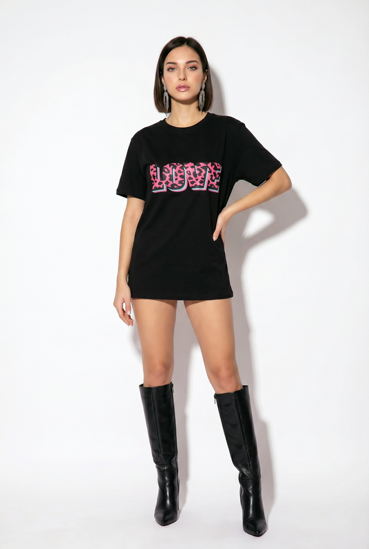 Wildly in Love Pink Leopard Graphic Text Tshirt in Black