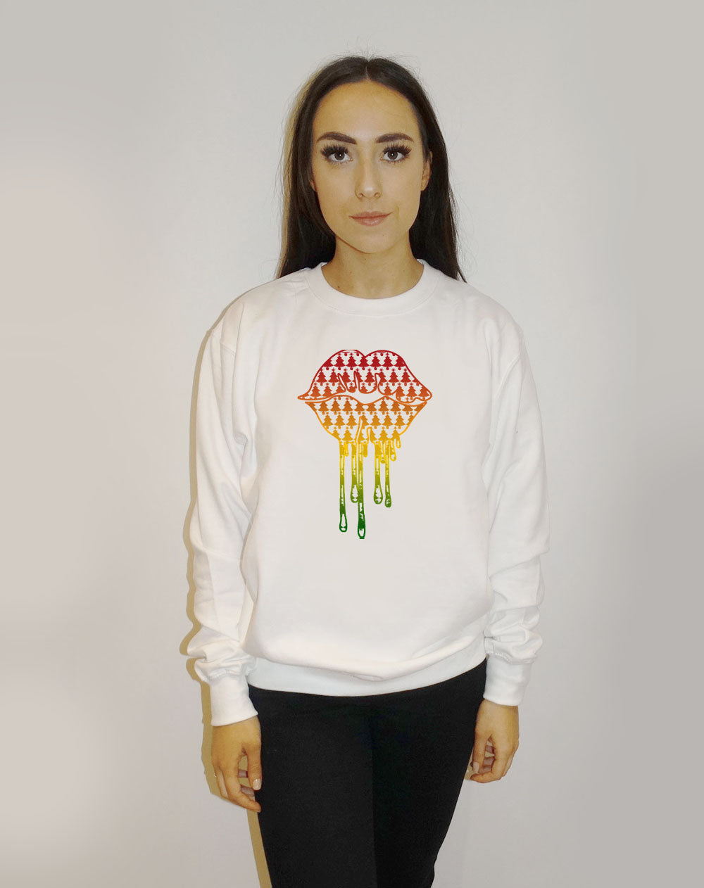 White Jumper With Christmas Tree Black Drip Lip Print