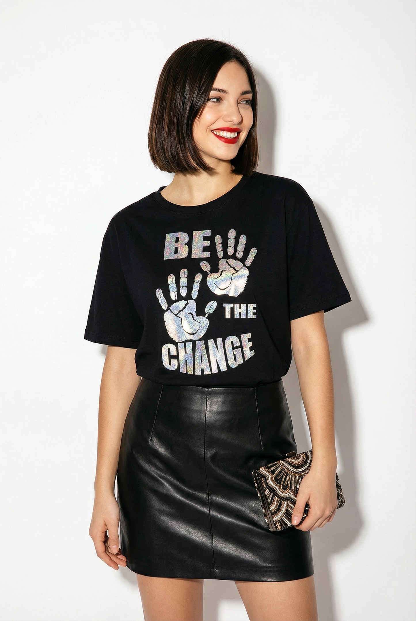 Gold Hand Imprint Be the Change Tshirt in Black