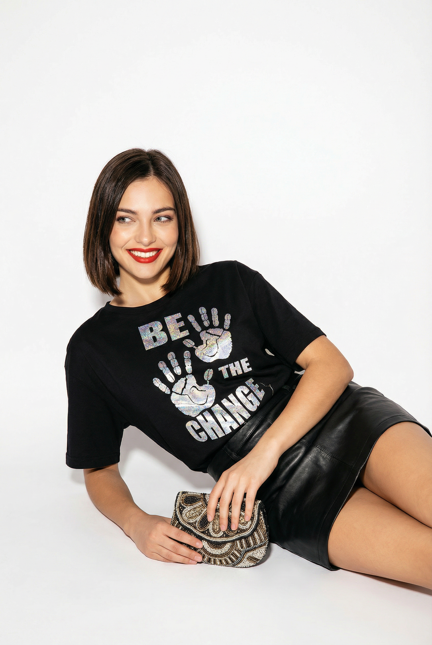 Gold Hand Imprint Be the Change Tshirt in Black