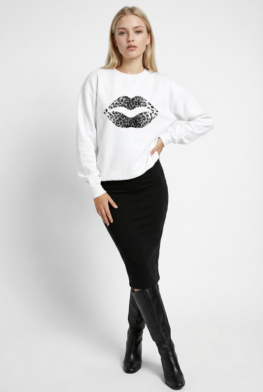 Black and White Leopard Lip Jumper In White