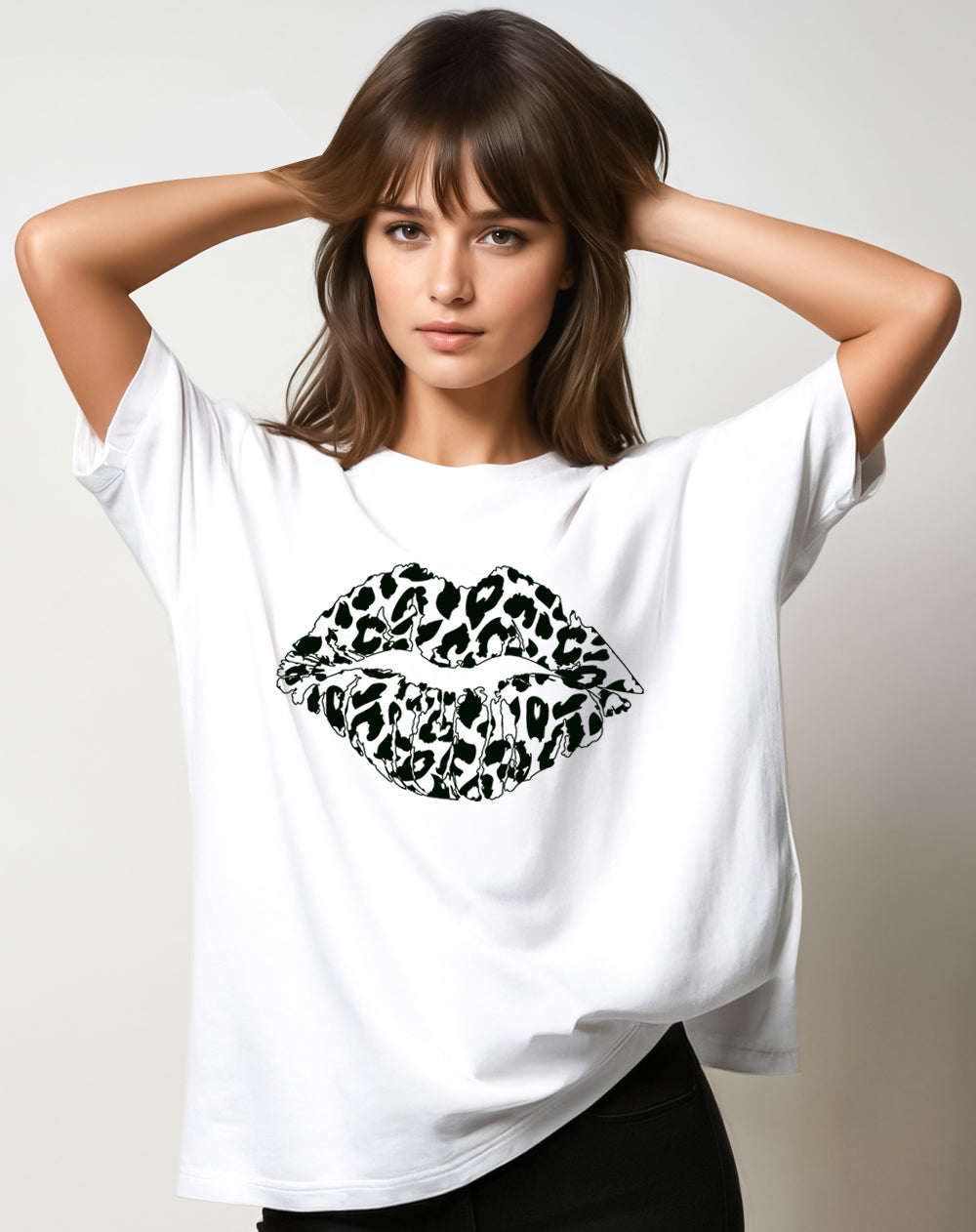 Black and White Leopard Lip Motif Oversize Tshirt Dress