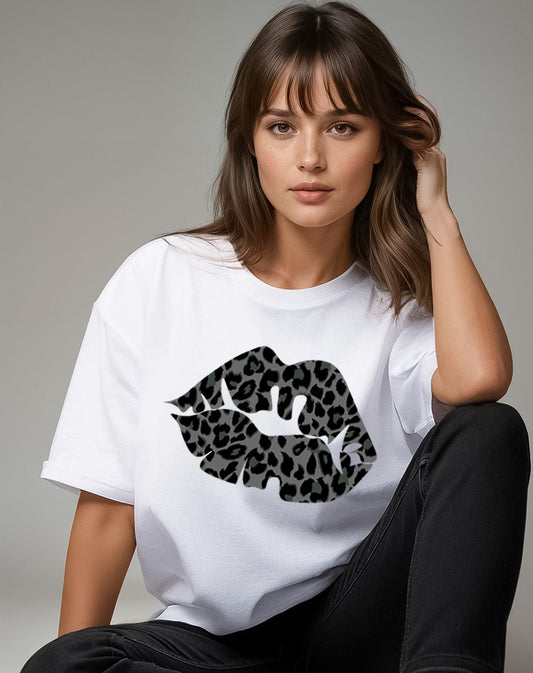 White Oversize T Shirt With Black Leopard Lip Print