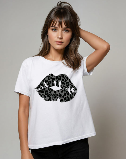 White Oversize T Shirt With Black Leopard Lip Print