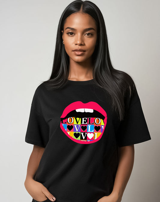 Love Print Lip Graphic T Shirt In Black