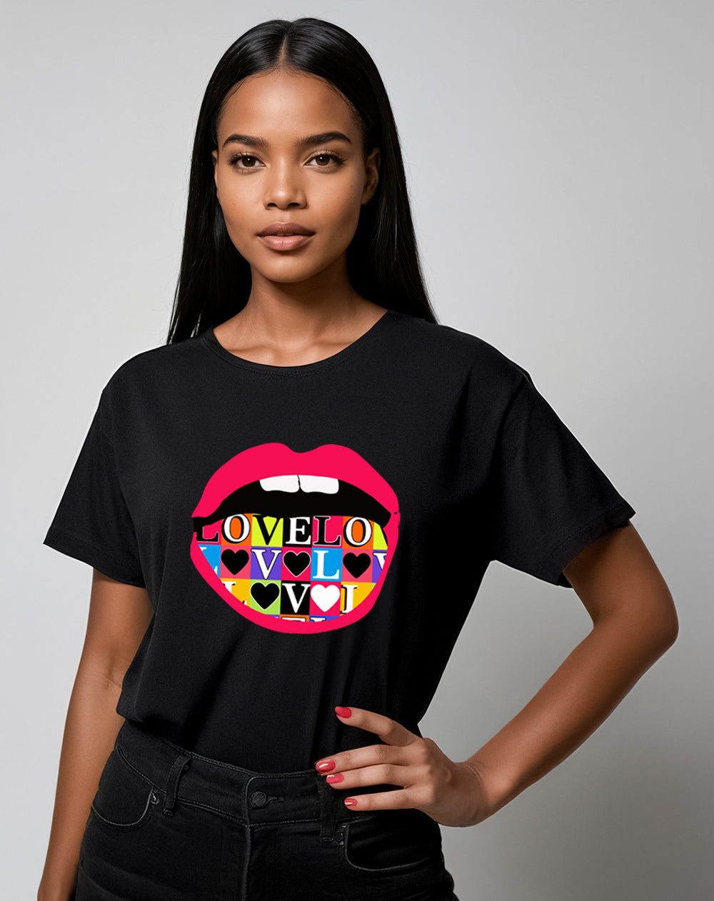 Love Print Lip Graphic T Shirt In Black