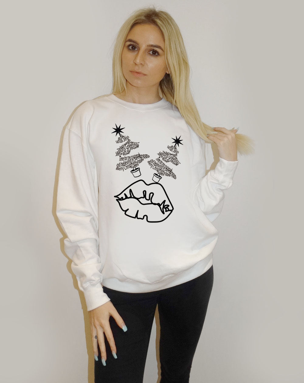 White Sweater With Black Outline Festive Christmas Tree Font Lip Print