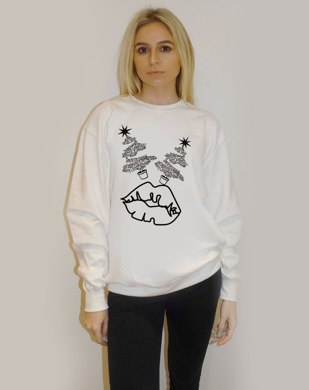 White Sweater With Black Outline Festive Christmas Tree Font Lip Print