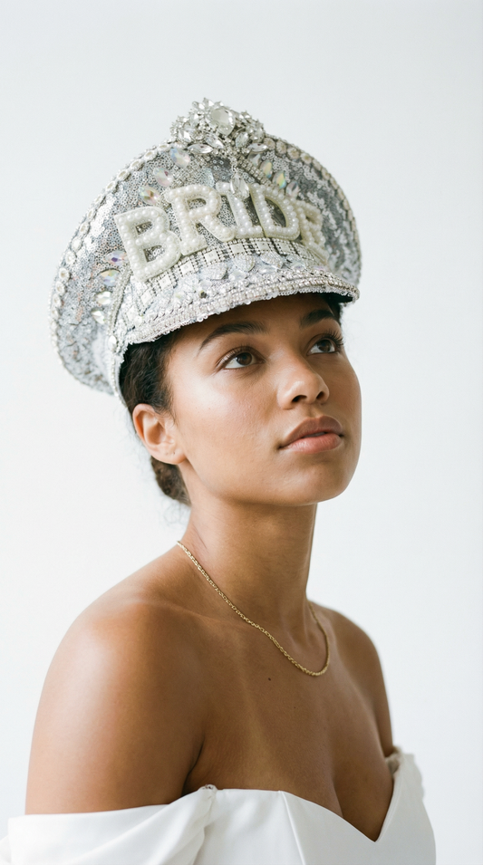 Woman wearing a sparkling tiara with 'BRIDE' letters on a white background