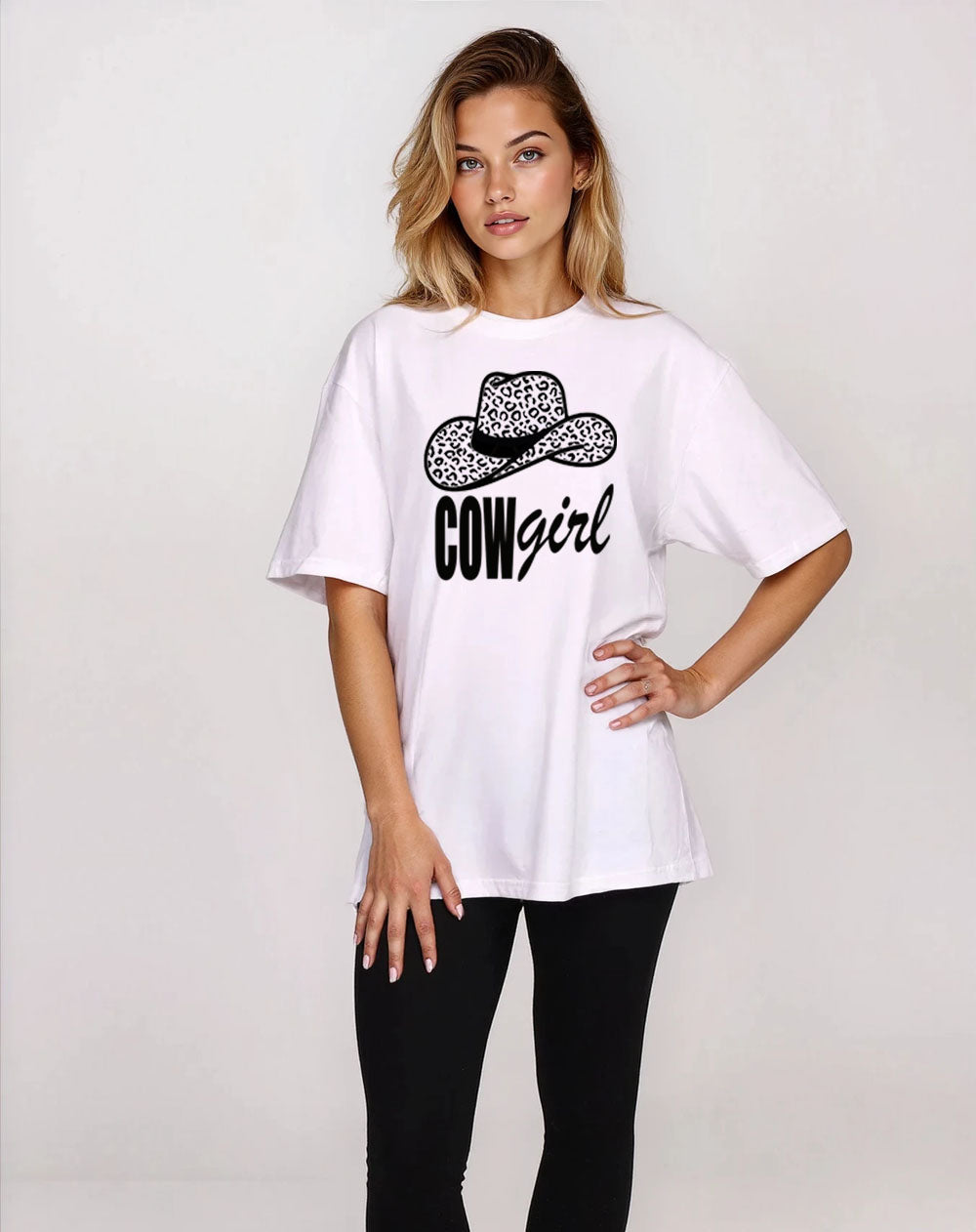 Black Leopard Rodeo Cowgirl Tshirt in White