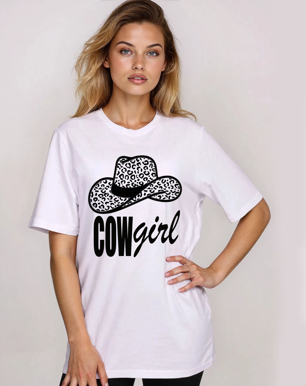 Black Leopard Rodeo Cowgirl Tshirt in White