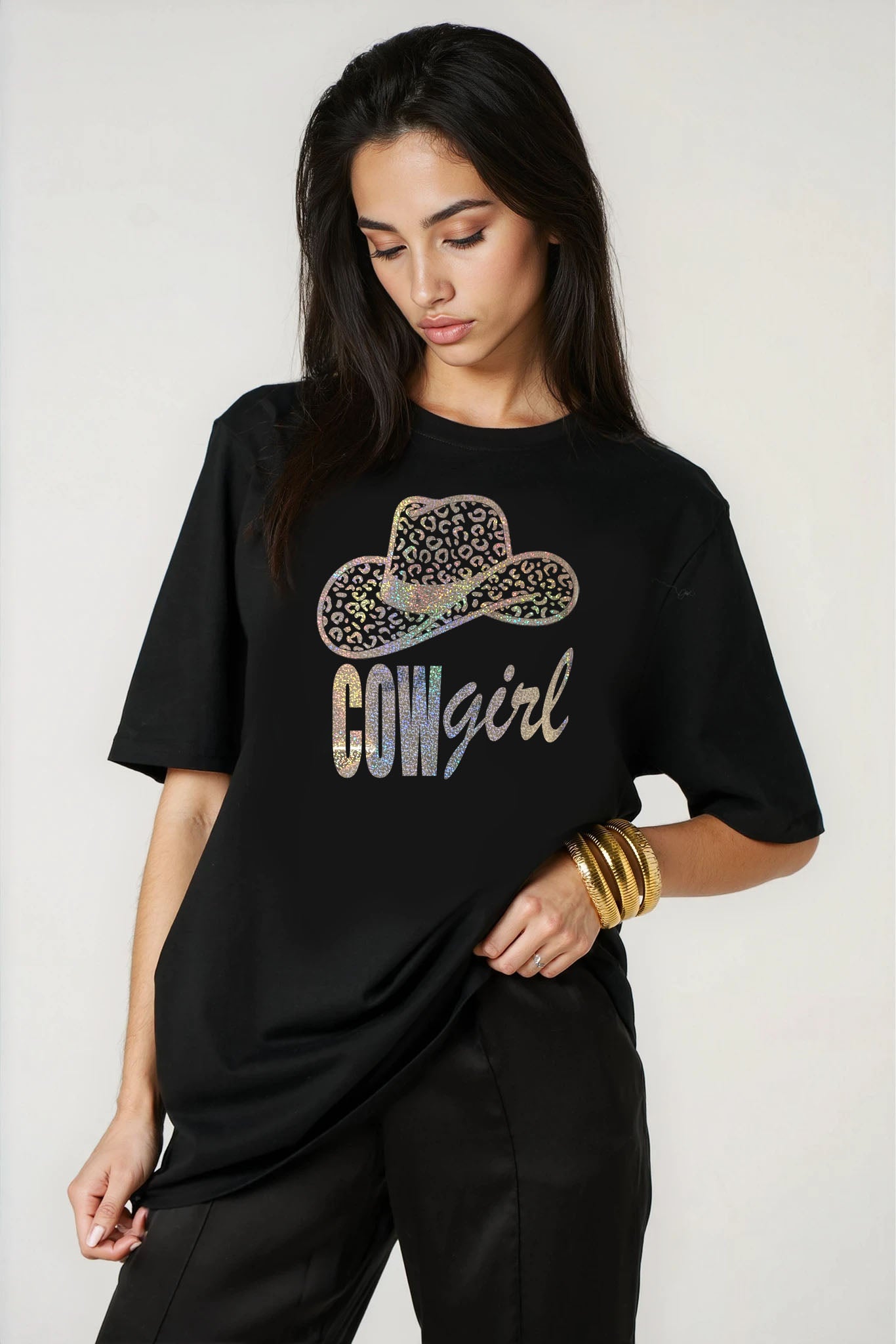 Gold Leopard Rodeo Cowgirl Tshirt in Black