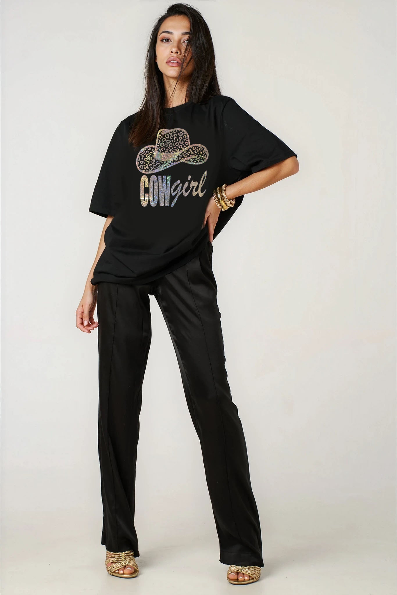 Gold Leopard Rodeo Cowgirl Tshirt in Black