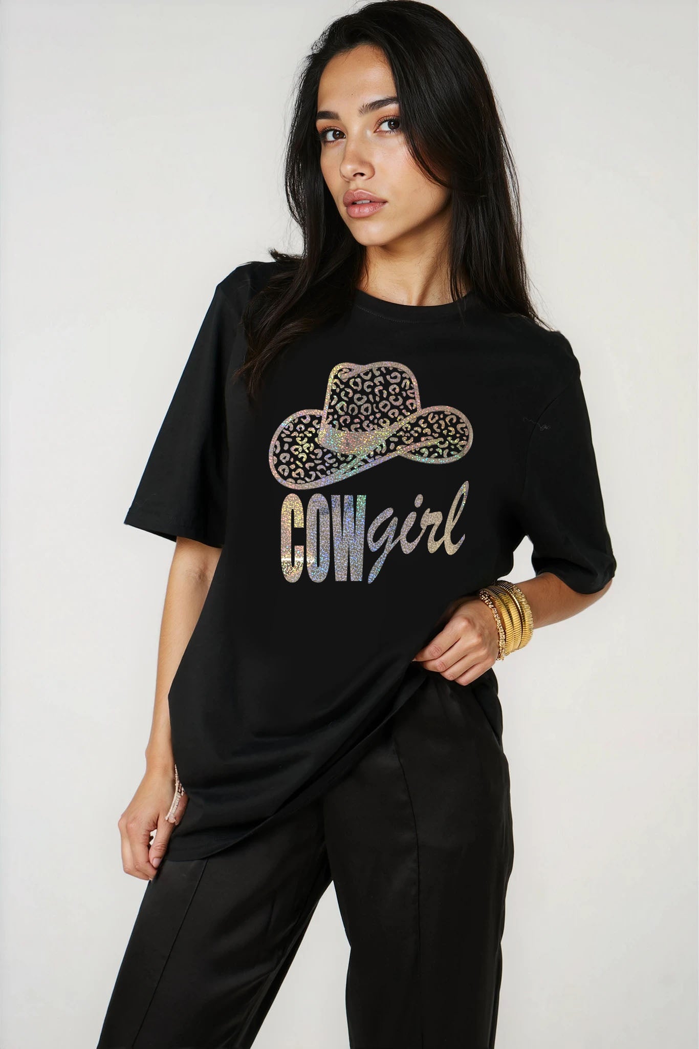 Gold Leopard Rodeo Cowgirl Tshirt in Black