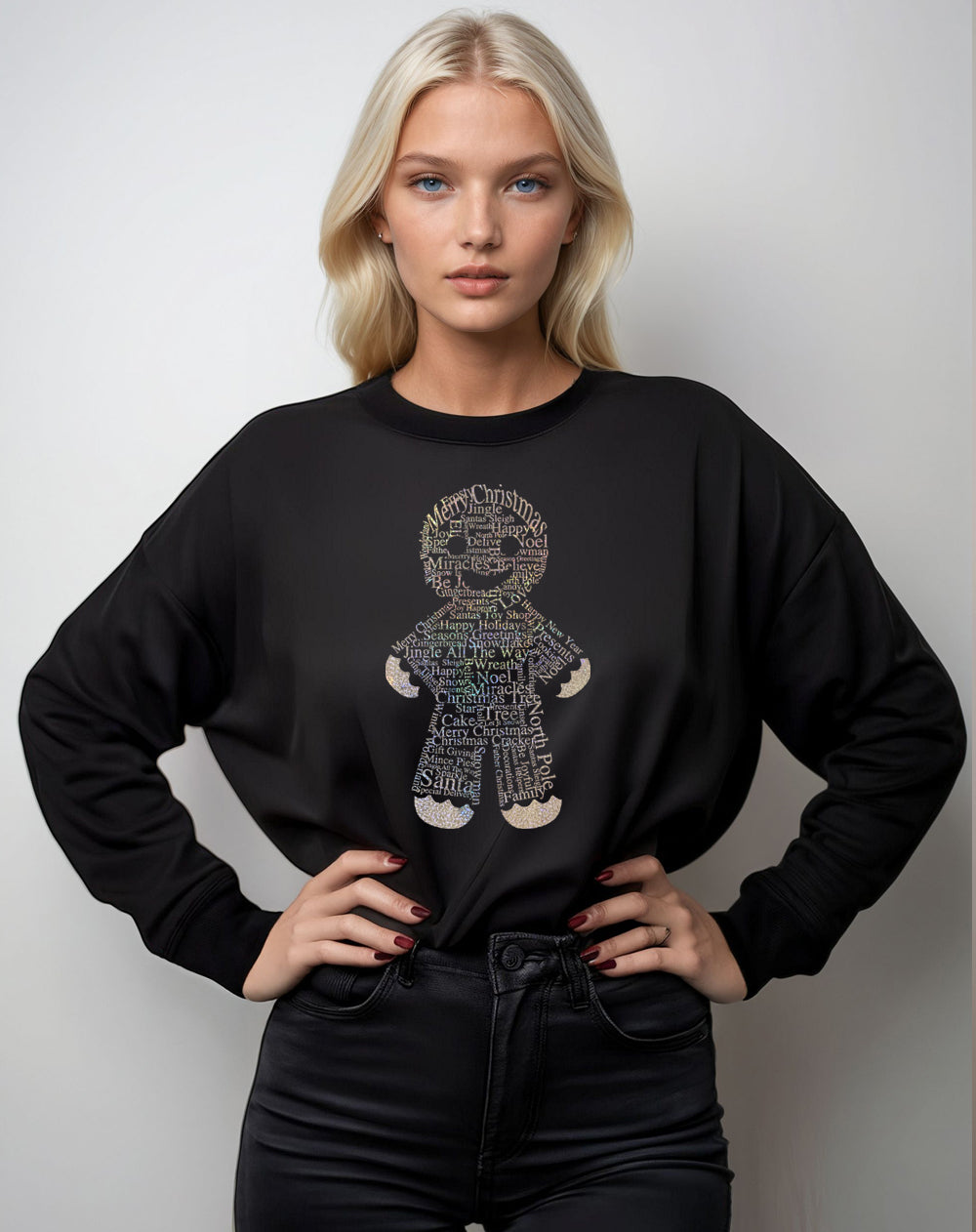 Black Christmas Sweater With Gingerbread Man Festive Font Print