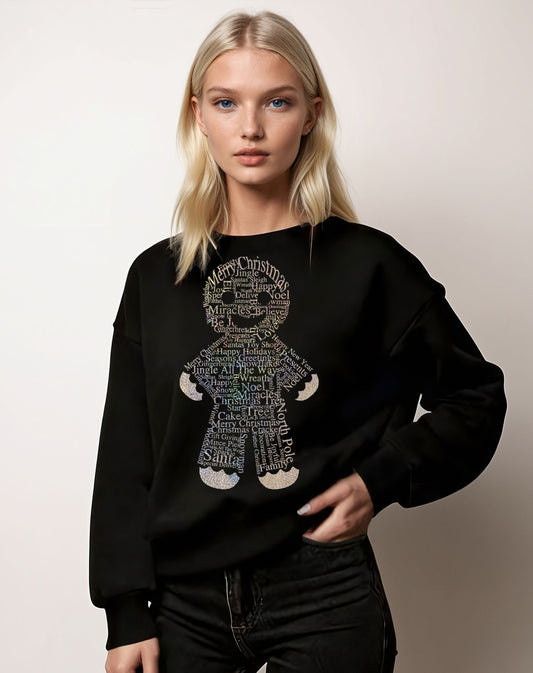 Black Christmas Sweater With Gingerbread Man Festive Font Print