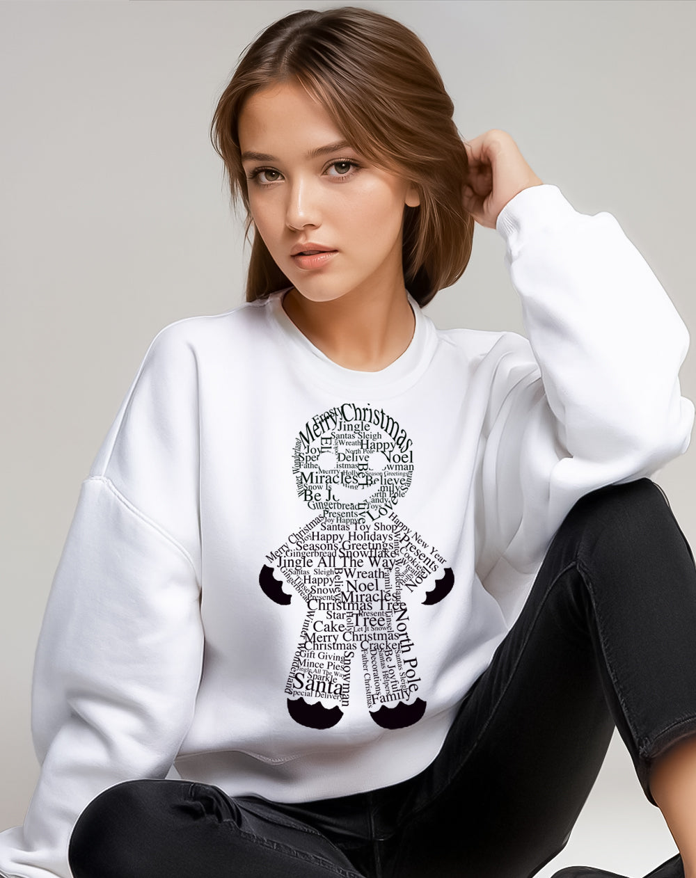 White Christmas Sweater With Gingerbread Man Print